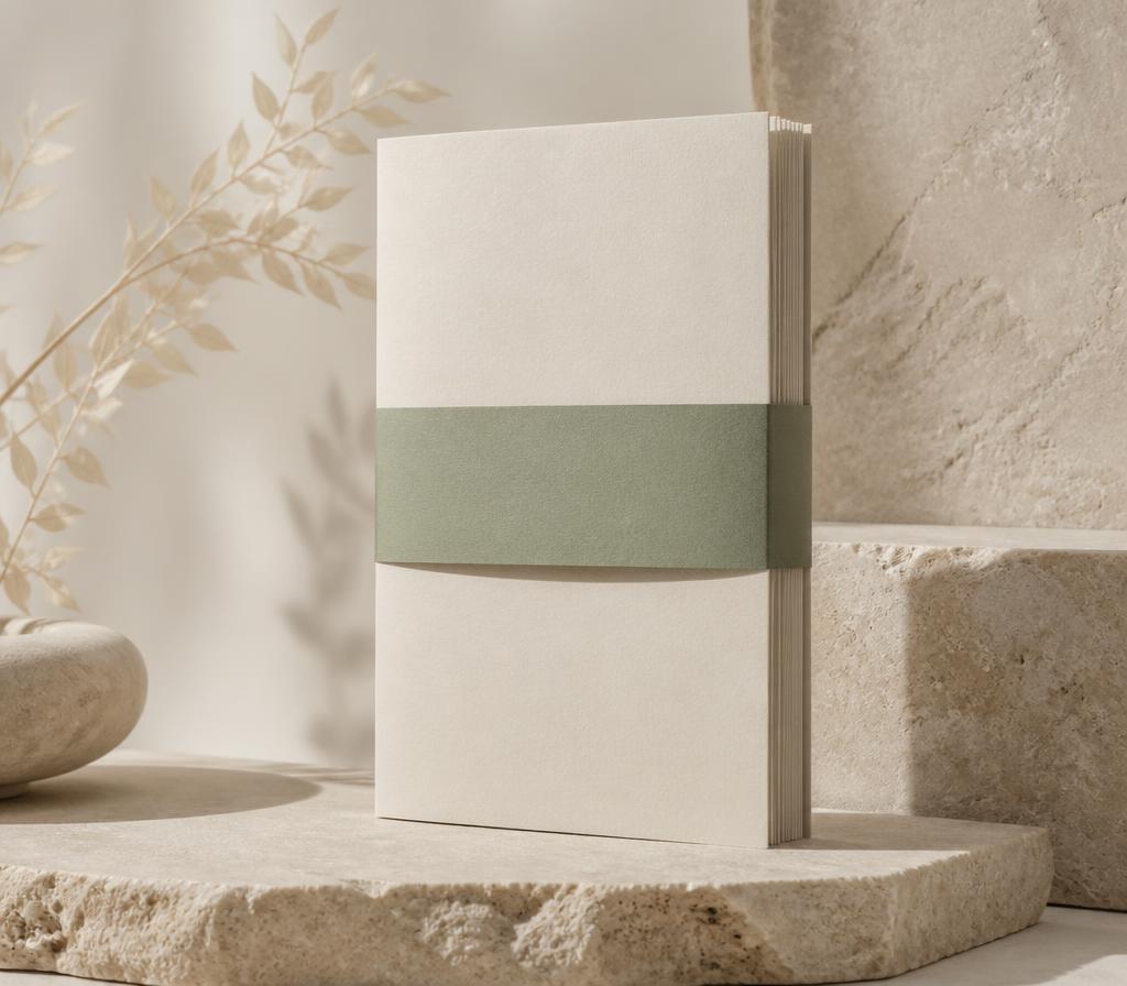 A matte paper protocol booklet standing on pale concrete